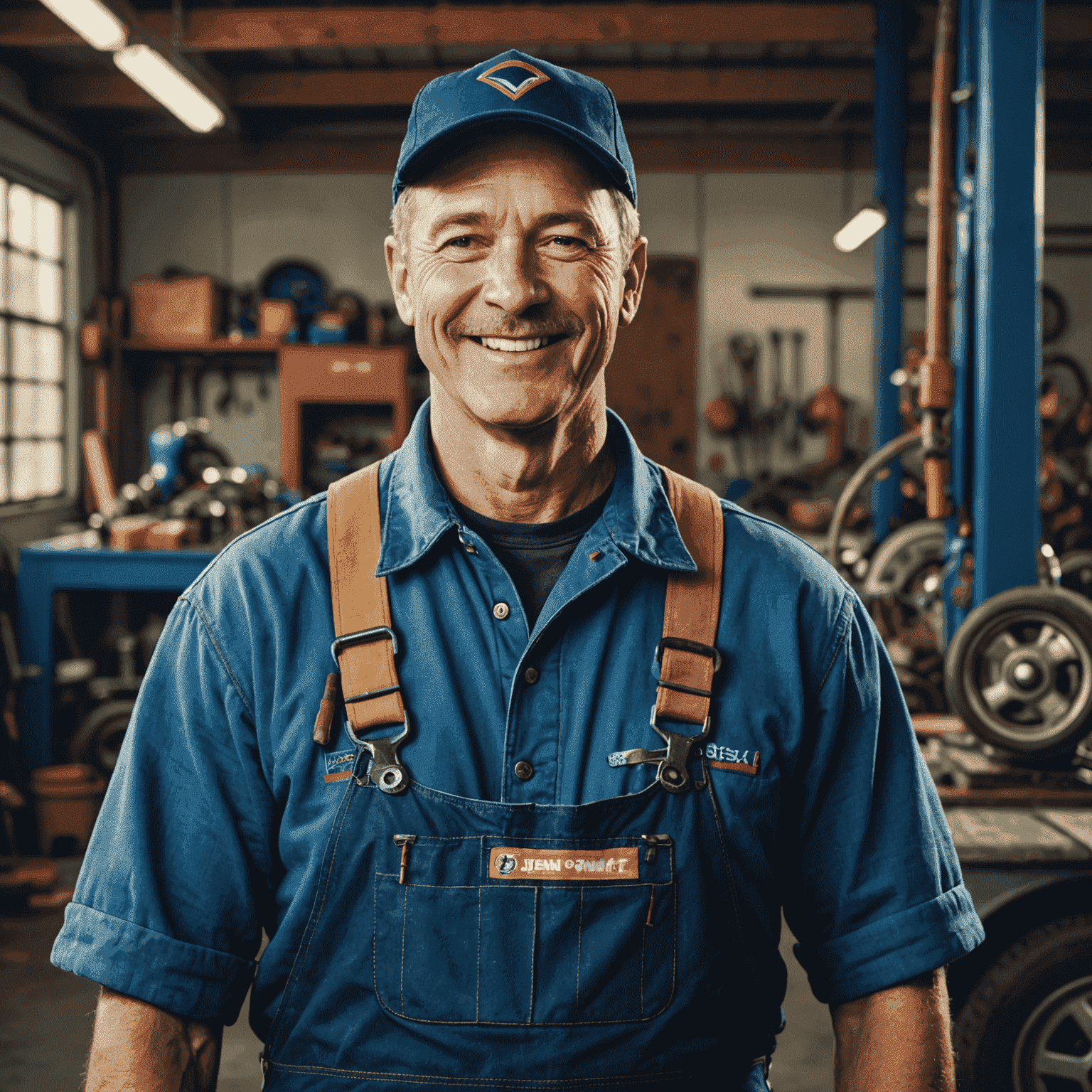 Portrait de Jean Dupont, mécanicien en chef, portant une combinaison de travail bleue et tenant une clé à molette, souriant à la caméra dans un garage bien éclairé