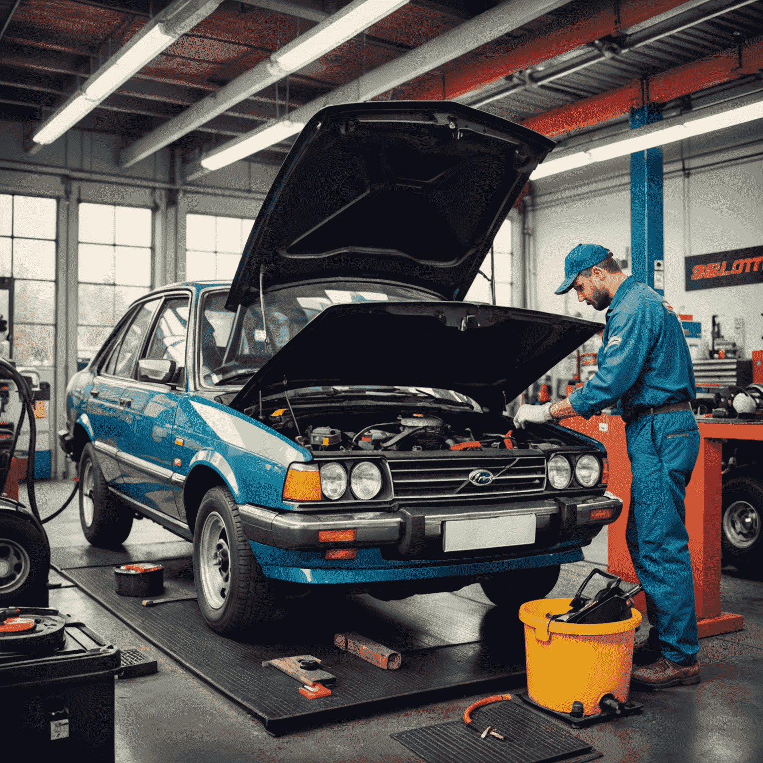 Image montrant les étapes de base d'une vidange d'huile, avec un mécanicien travaillant sous une voiture surélevée