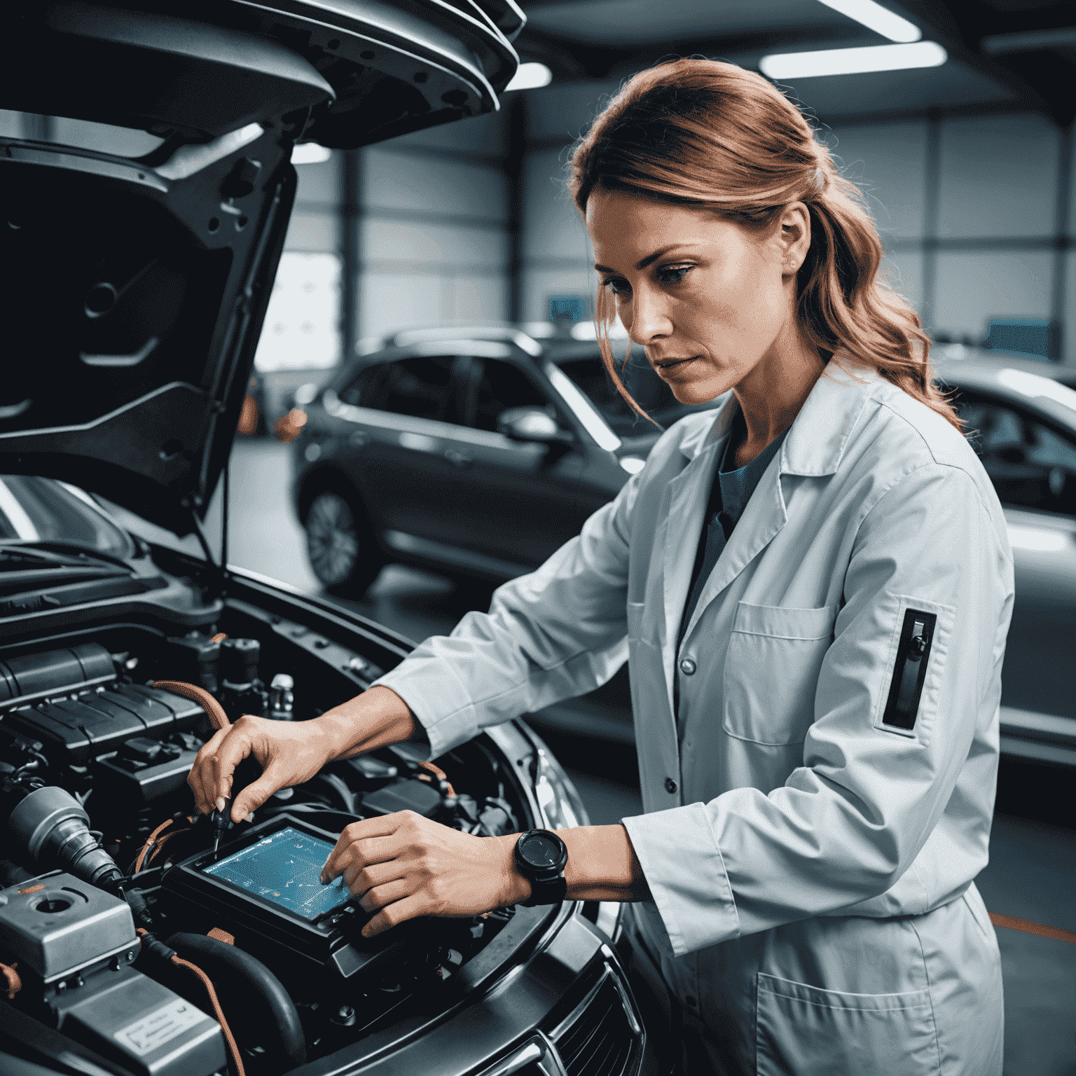 Portrait de Marie Lefevre, experte en diagnostic, utilisant un appareil de diagnostic électronique sur le moteur d'une voiture moderne dans un atelier high-tech