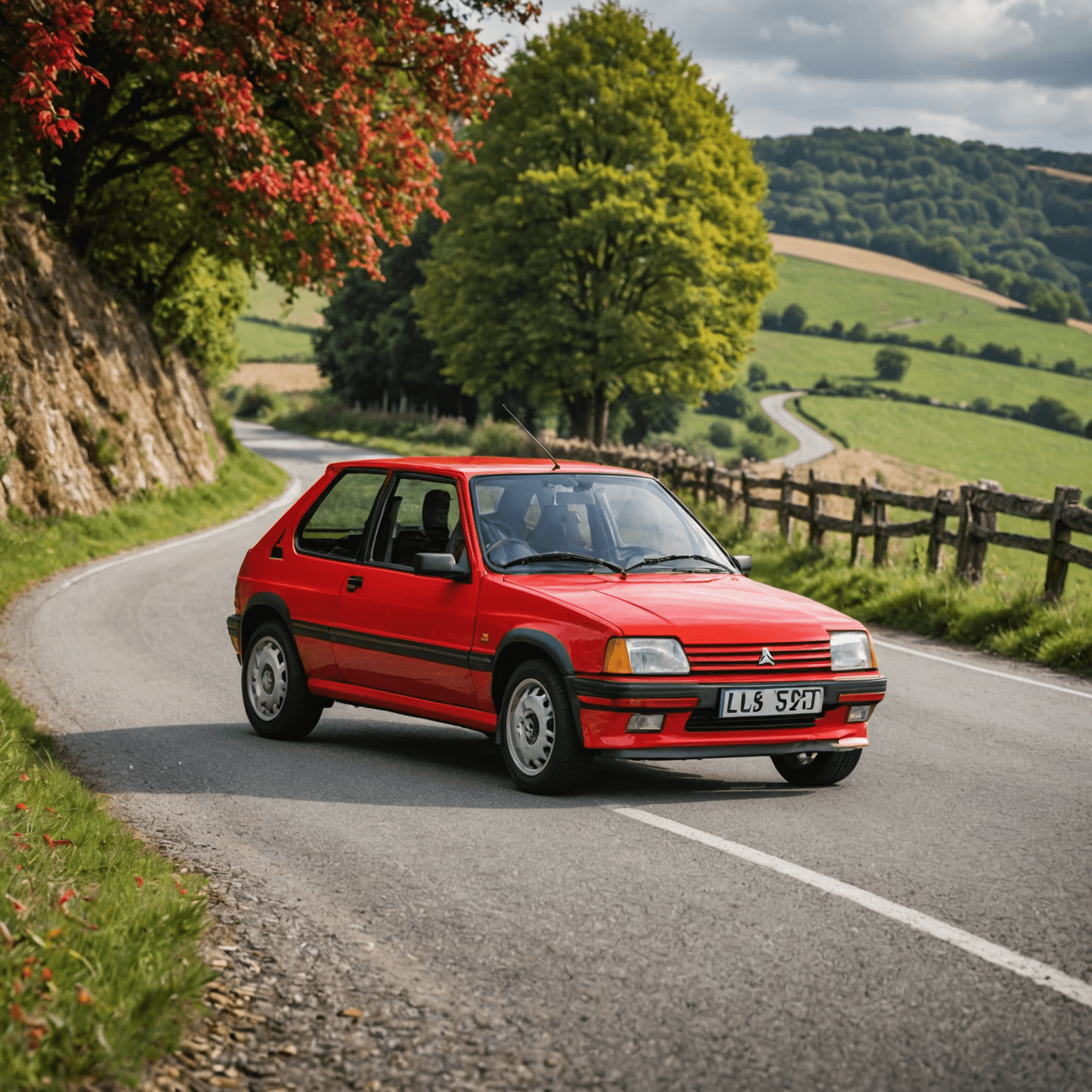 Une Peugeot 205 GTI rouge vif sur une route sinueuse de campagne française