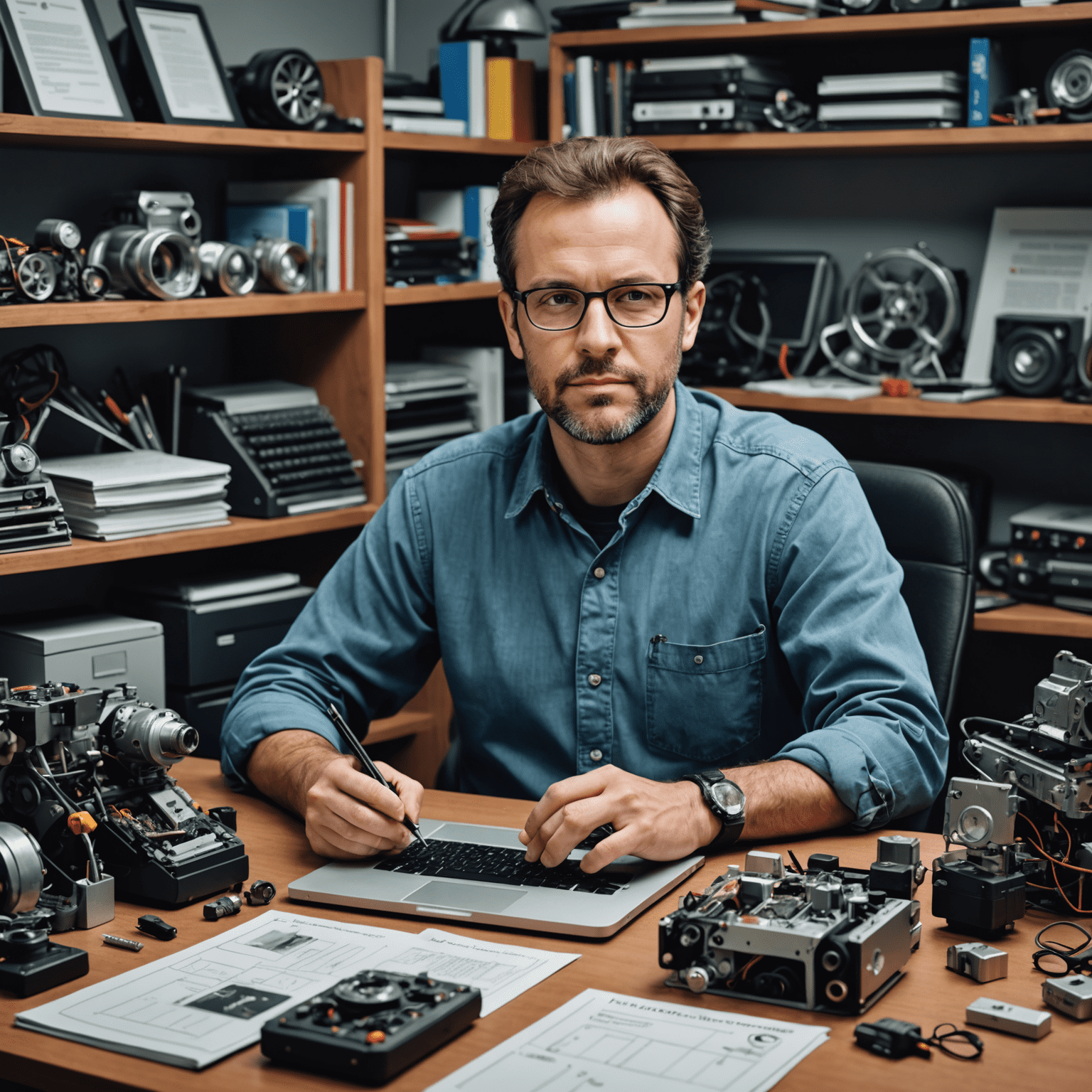 Portrait de Pierre Martin, rédacteur technique, assis à un bureau avec un ordinateur portable, entouré de manuels techniques automobiles et de pièces détachées