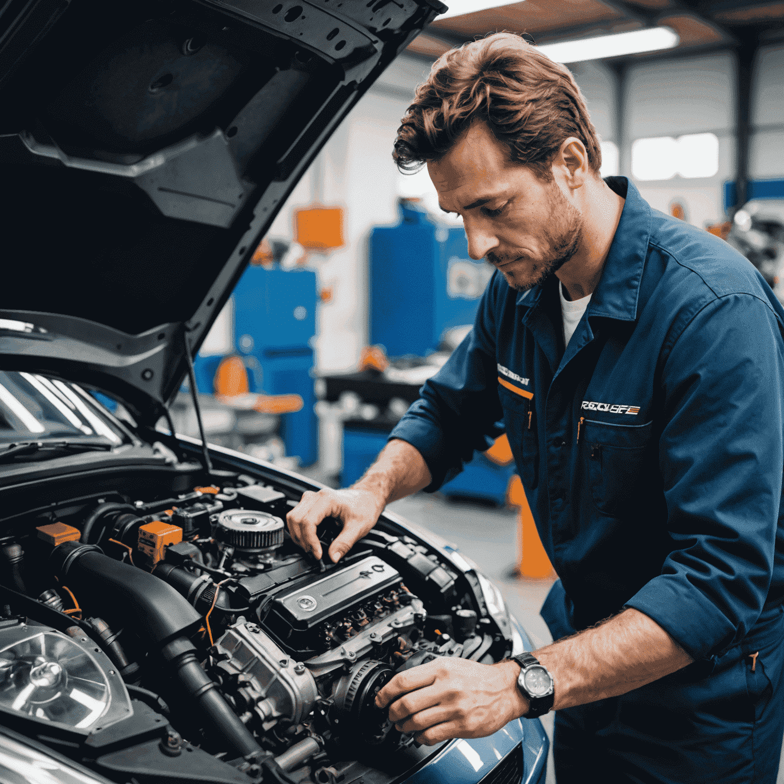 Un mécanicien travaillant sur le moteur d'une voiture française moderne dans un atelier high-tech